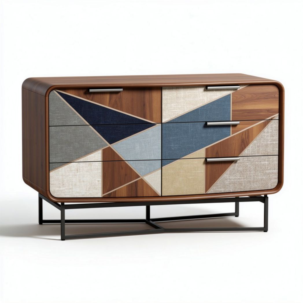 Modern geometric patterned dresser with wooden finish and metal legs 80 x 40 x 50cm