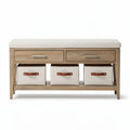 Wooden storage bench with upholstered seat and three fabric bins 100 x 40 x 45cm
