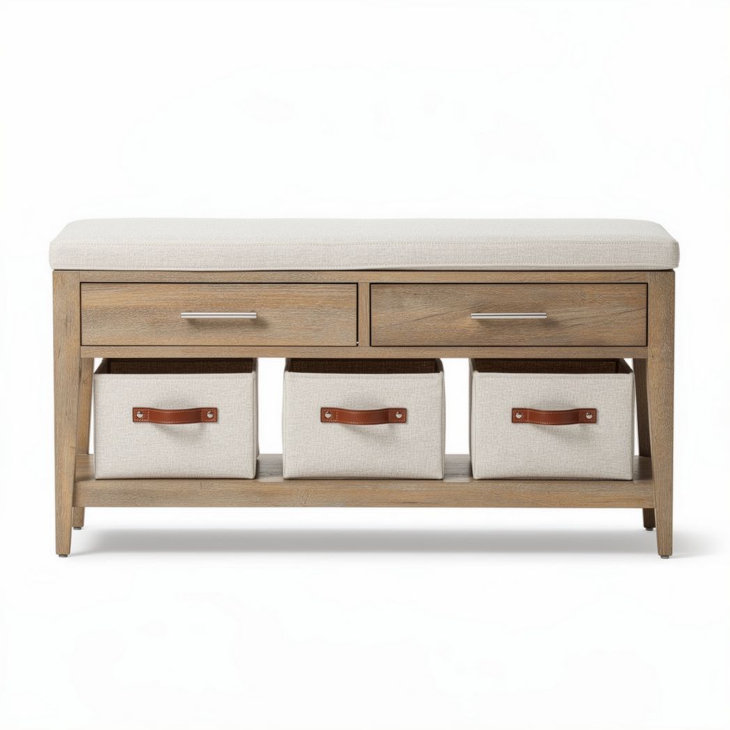 Wooden storage bench with upholstered seat and three fabric bins 100 x 40 x 45cm