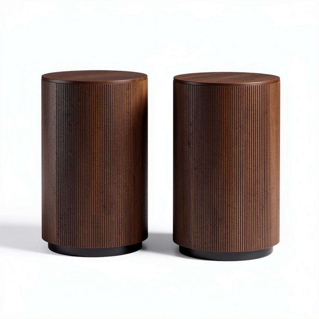 Wooden accent tables set of two with ribbed texture in dark brown 20 x 20 x 45cm