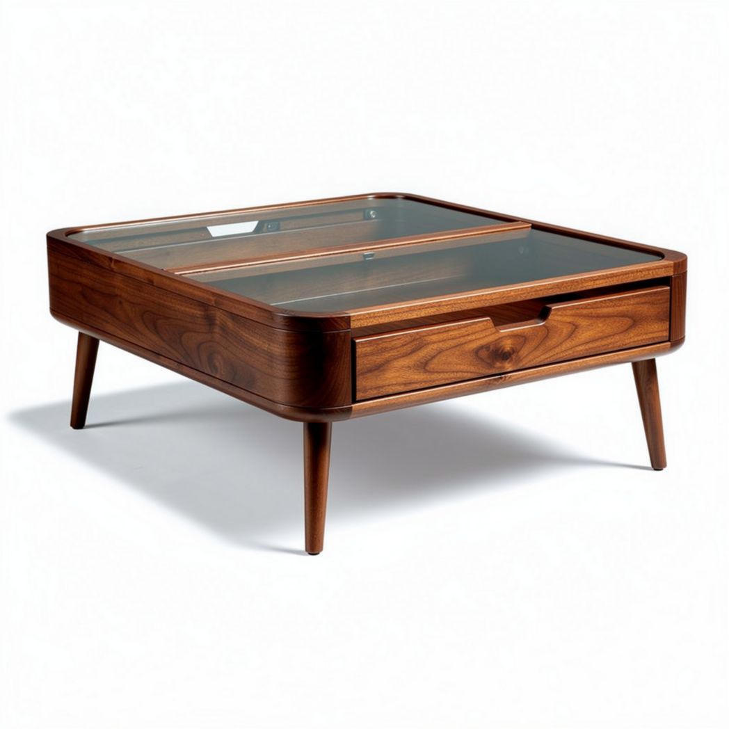 Wooden coffee table with glass top and drawer 90 x 90 x 35cm