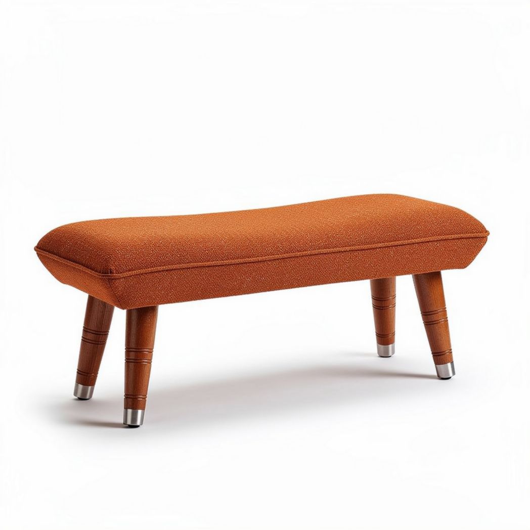 Upholstered bench in orange fabric with wooden legs and metal accents 100 x 40 x 30cm