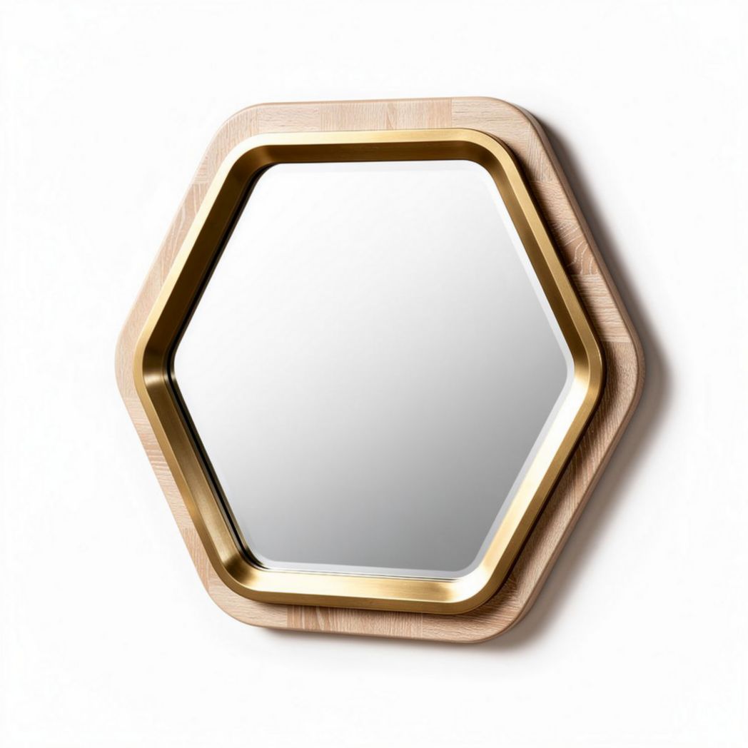 Hexagon mirror with wooden frame and gold trim 40 x 40 x 3cm