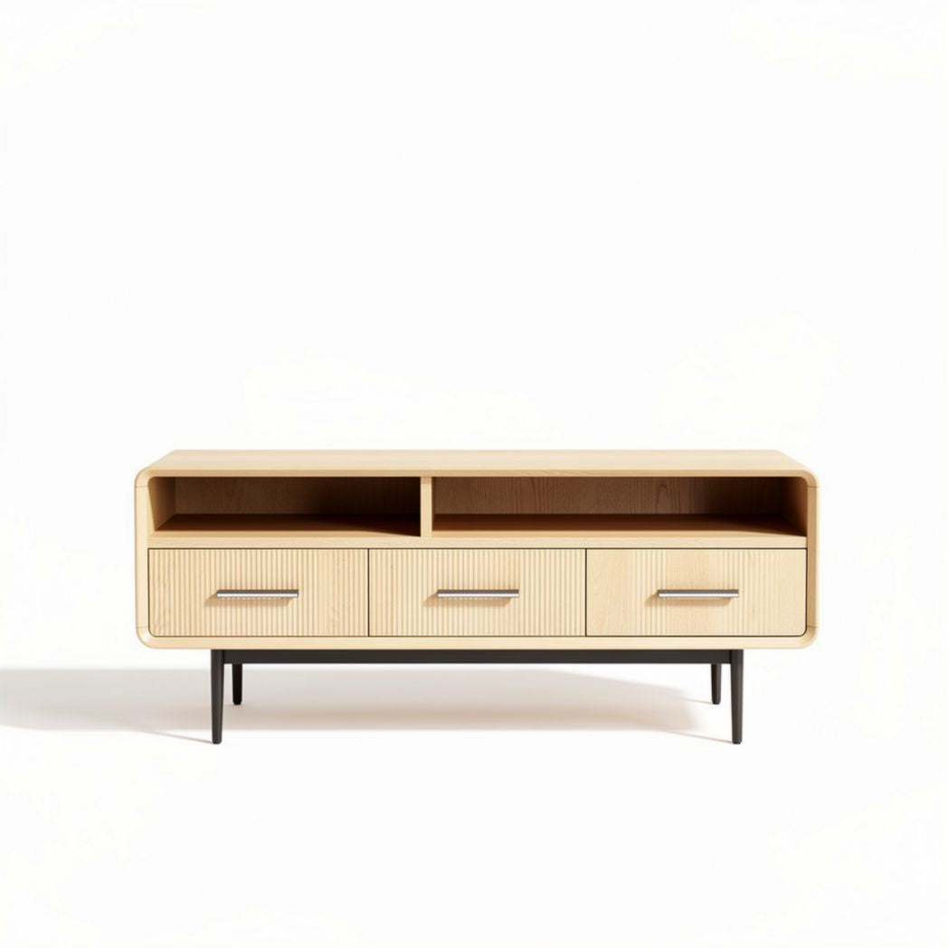 Wooden media console table with three drawers and open shelf 120 x 40 x 50cm