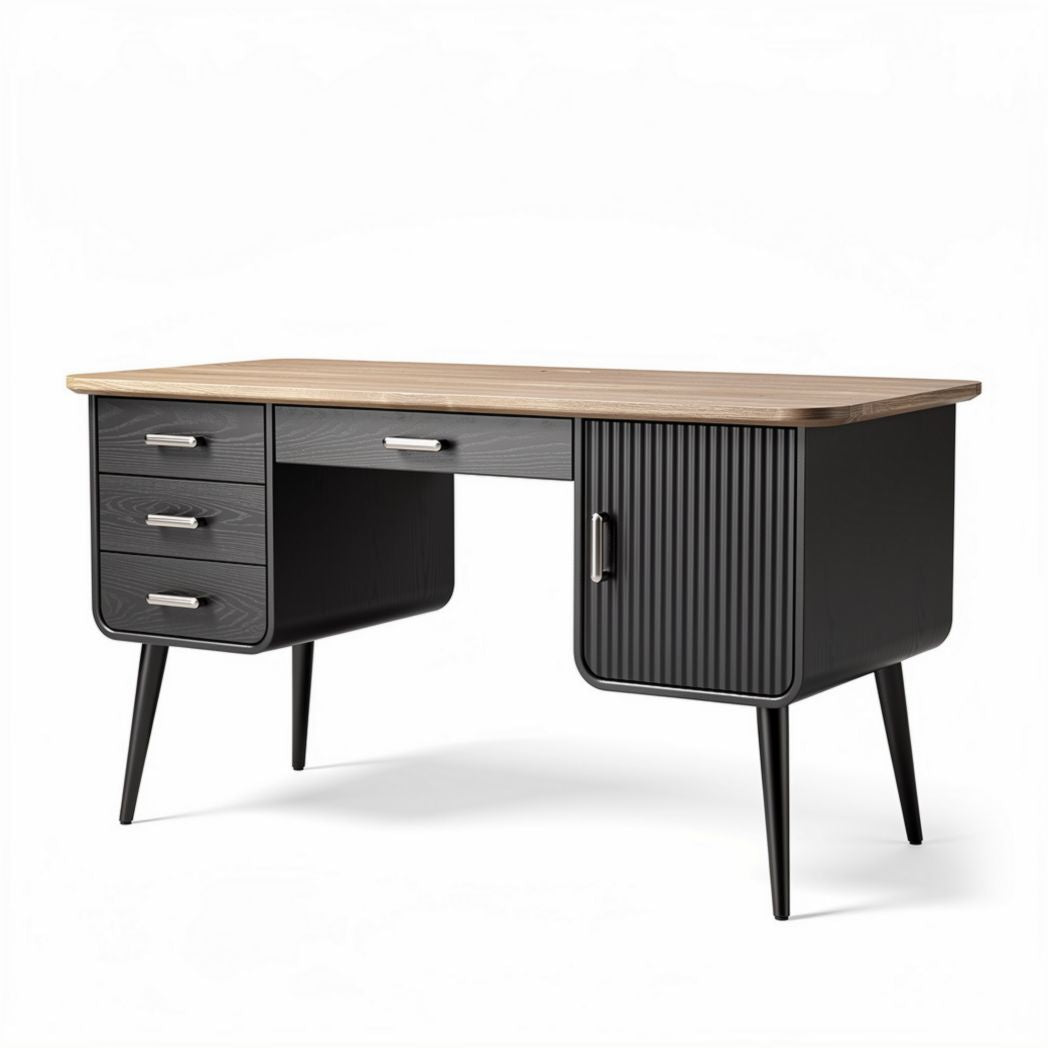 Modern black and wood desk with storage drawers and sleek legs 150 x 75 x 75cm