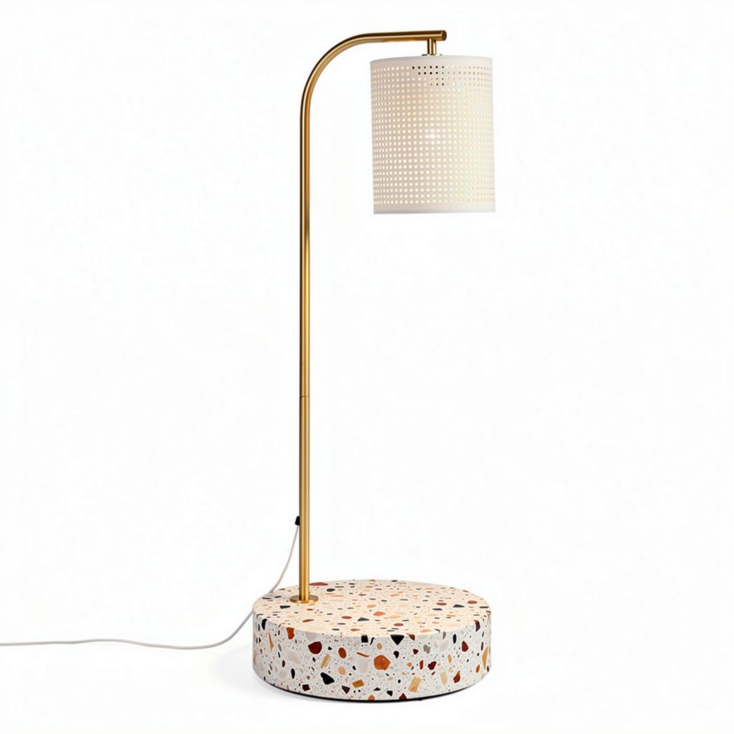 Terrazzo table lamp with golden base and perforated white shade 30 x 15 x 50cm