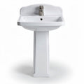 White ceramic pedestal sink with faucet and dimensions 70 x 45 x 85cm