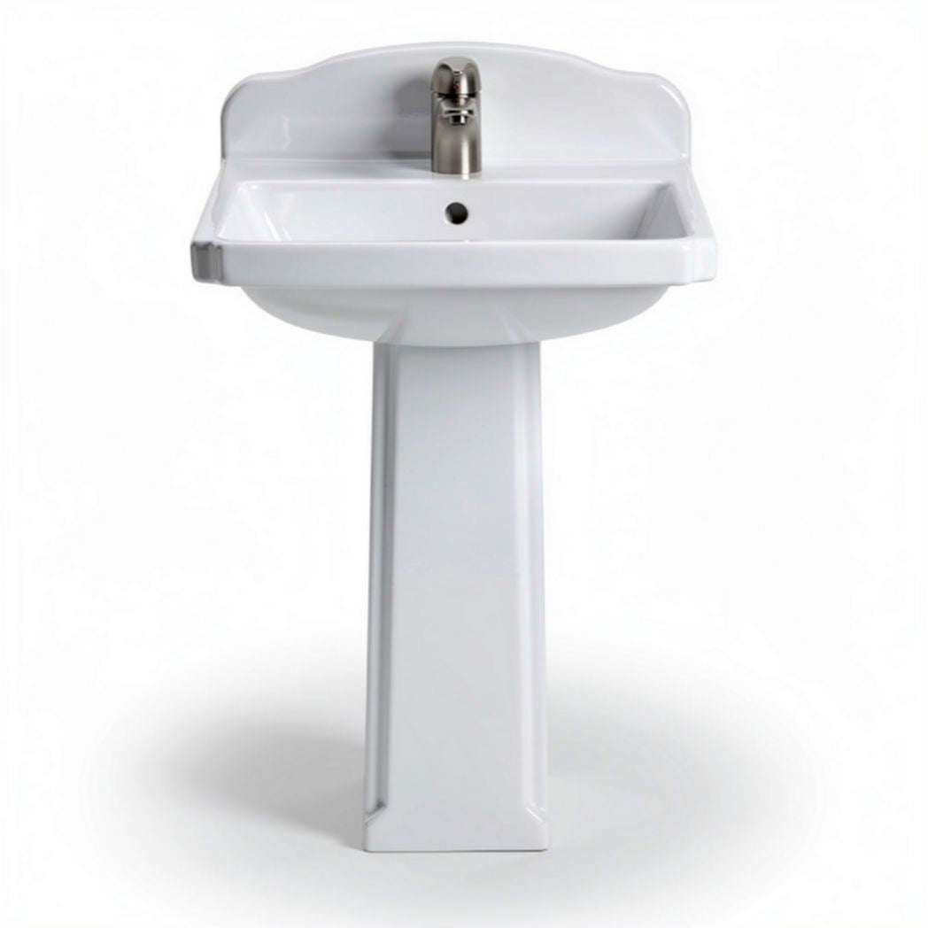 White ceramic pedestal sink with faucet and dimensions 70 x 45 x 85cm