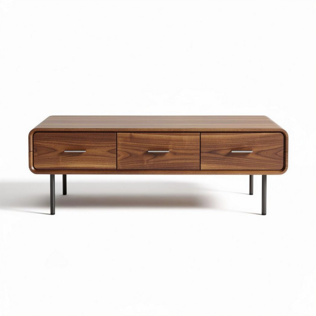 Wooden coffee table with three drawers and metal legs 120 x 60 x 45cm