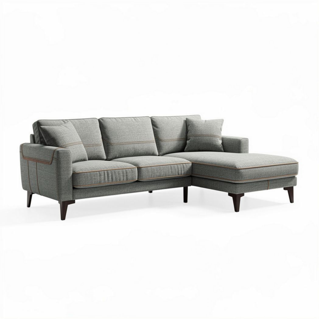 L-shaped sectional sofa in gray fabric with wooden legs 230 x 90 x 85cm